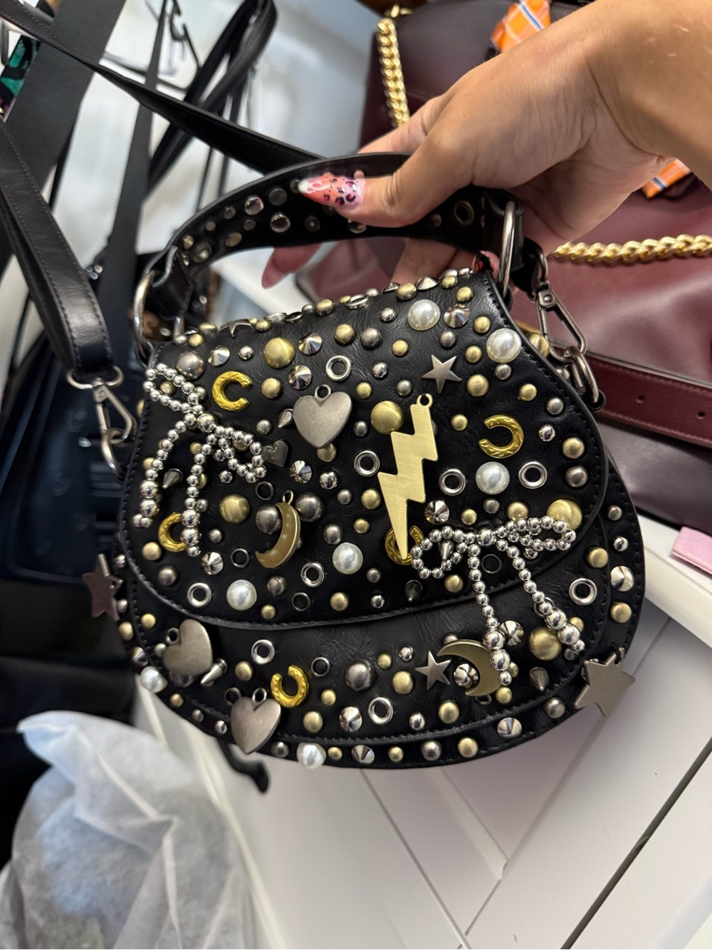 Dolls Kill Black Studded Crossbody with Mixed Metal Charms
